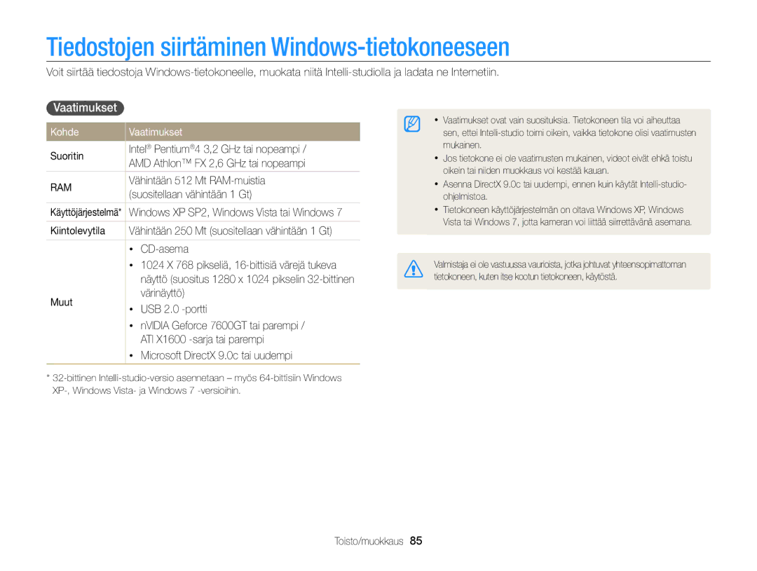 Samsung EC-WB100ZBABE2 manual Tiedostojen siirtäminen Windows-tietokoneeseen, Kohde Vaatimukset 