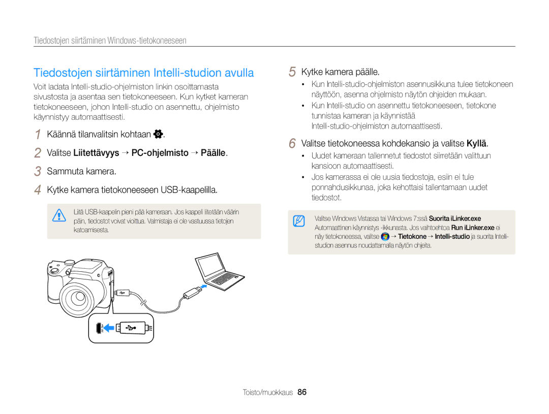 Samsung EC-WB100ZBABE2 Tiedostojen siirtäminen Intelli-studion avulla, Tiedostojen siirtäminen Windows-tietokoneeseen 