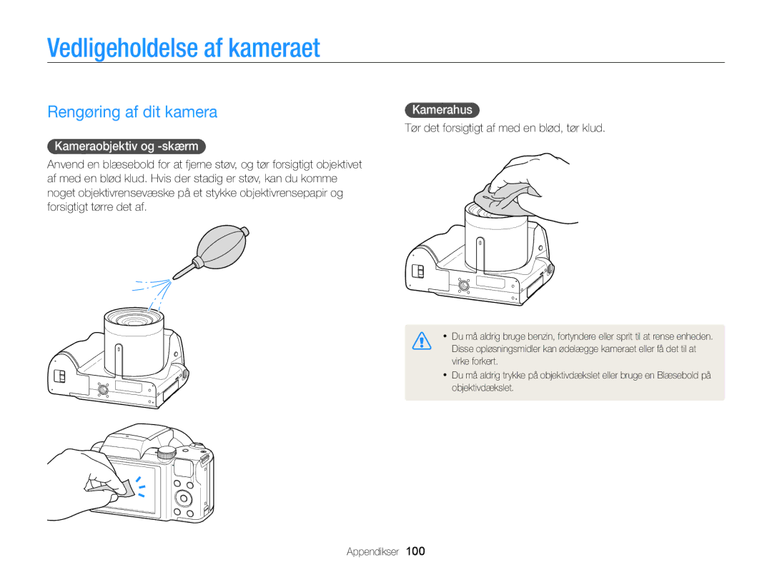 Samsung EC-WB100ZBABE2 manual Vedligeholdelse af kameraet, Rengøring af dit kamera, Kameraobjektiv og -skærm, Kamerahus 