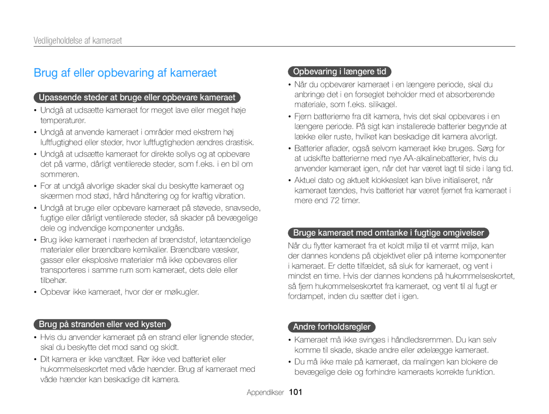 Samsung EC-WB100ZBABE2 manual Brug af eller opbevaring af kameraet, Vedligeholdelse af kameraet 