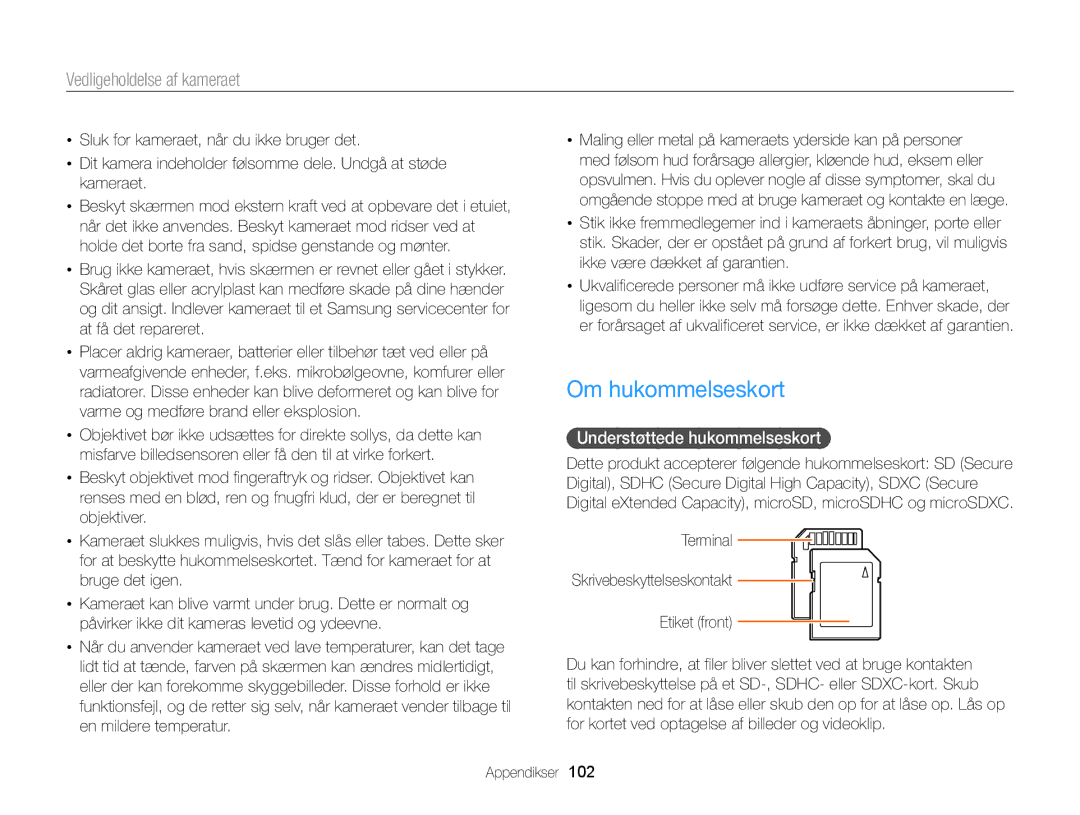 Samsung EC-WB100ZBABE2 Om hukommelseskort, Understøttede hukommelseskort, Terminal Skrivebeskyttelseskontakt Etiket front 