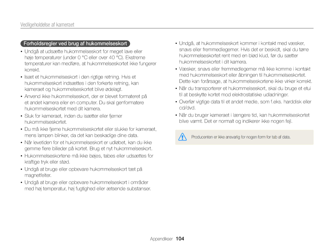 Samsung EC-WB100ZBABE2 manual Forholdsregler ved brug af hukommelseskort 