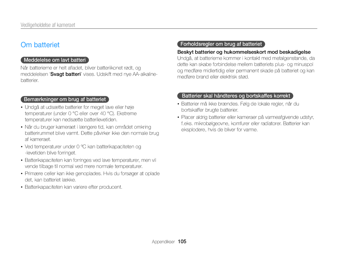 Samsung EC-WB100ZBABE2 manual Om batteriet, Meddelelse om lavt batteri, Bemærkninger om brug af batteriet 