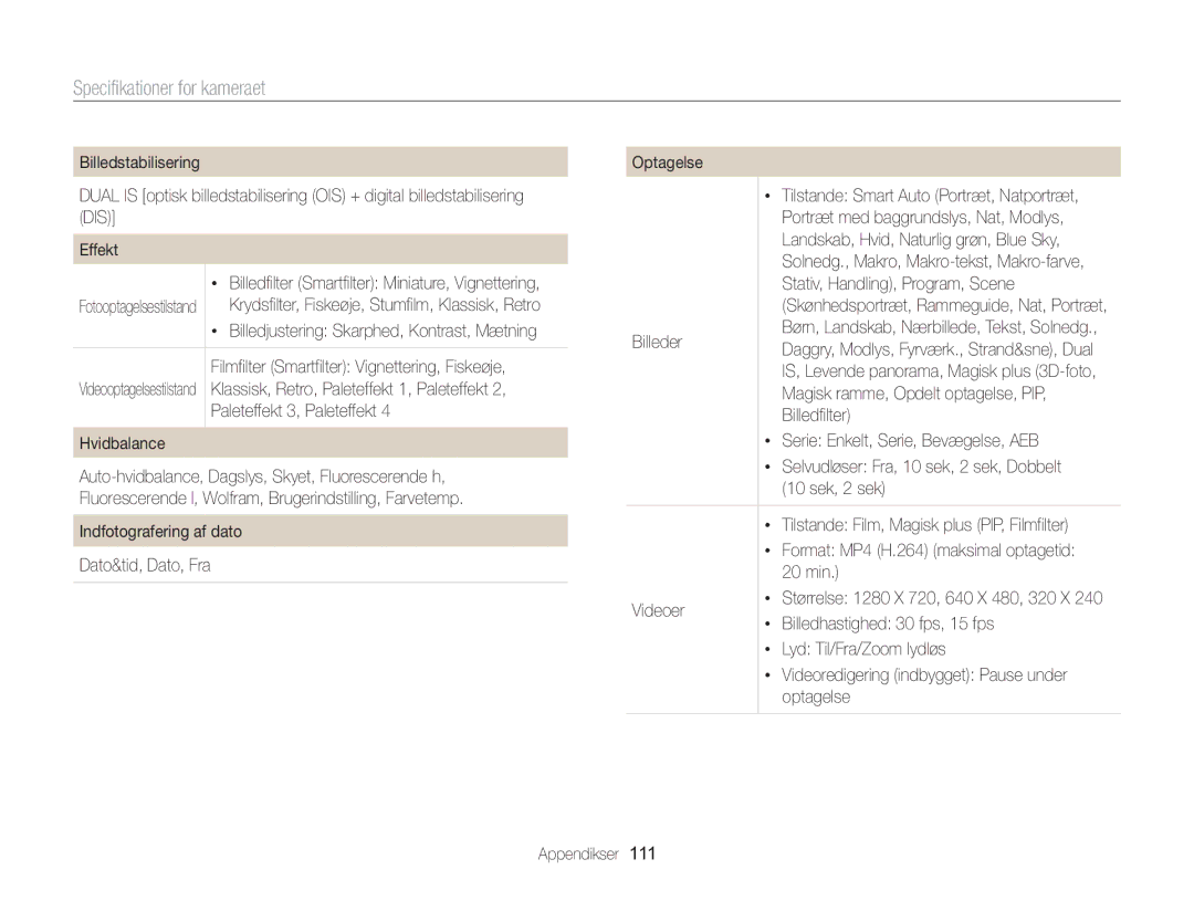 Samsung EC-WB100ZBABE2 manual Specifikationer for kameraet 