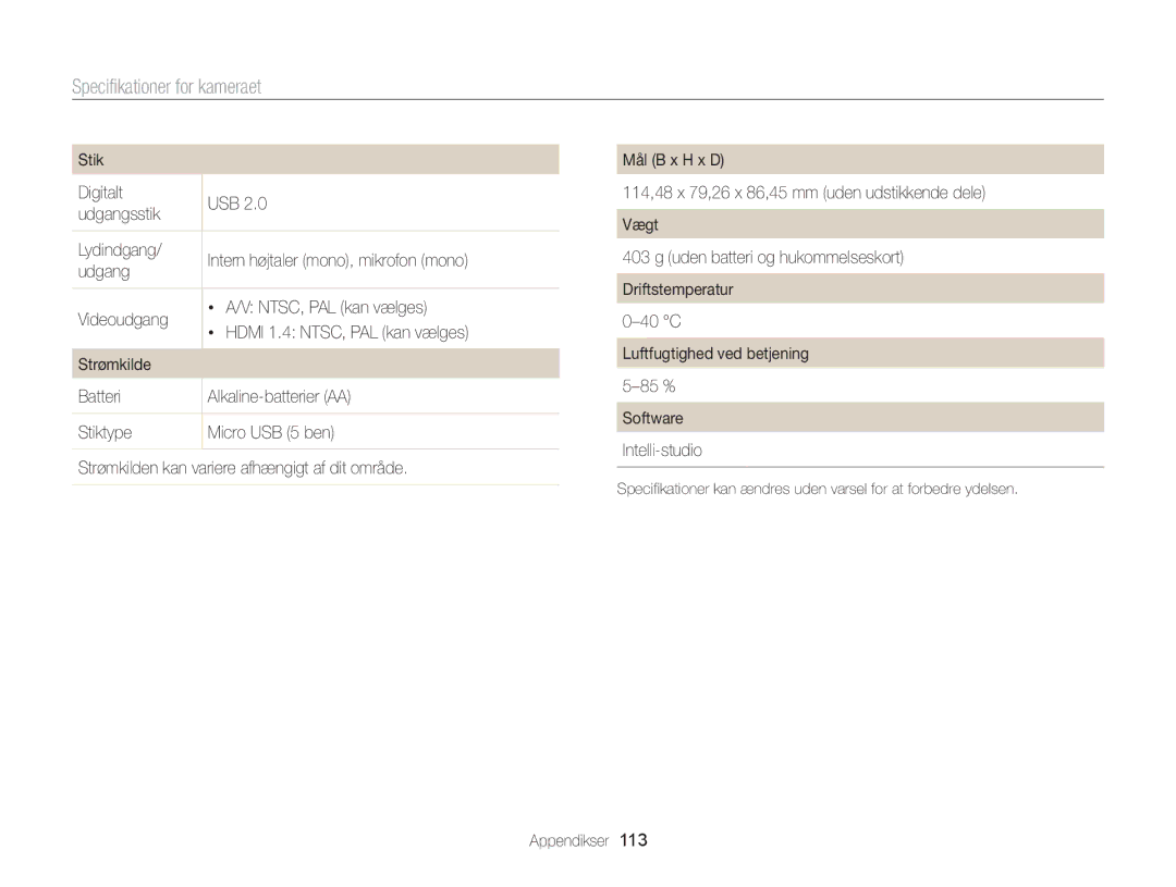 Samsung EC-WB100ZBABE2 manual Specifikationer for kameraet 