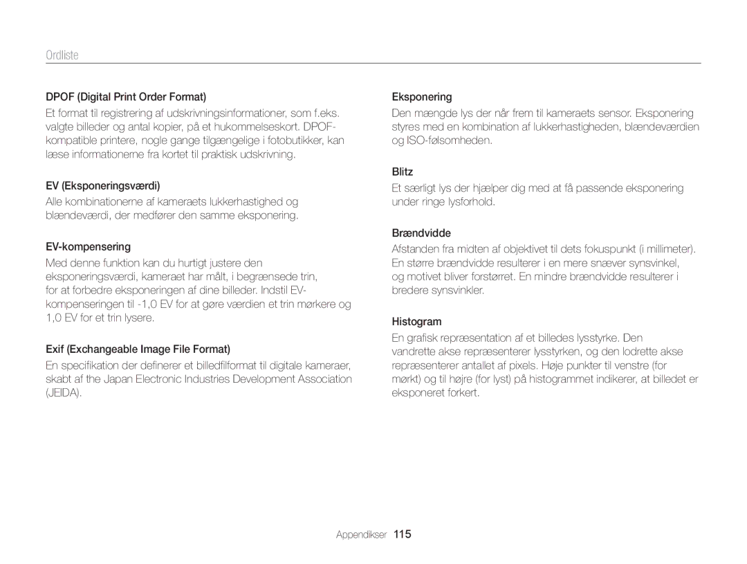 Samsung EC-WB100ZBABE2 manual Ordliste, Dpof Digital Print Order Format, EV Eksponeringsværdi 