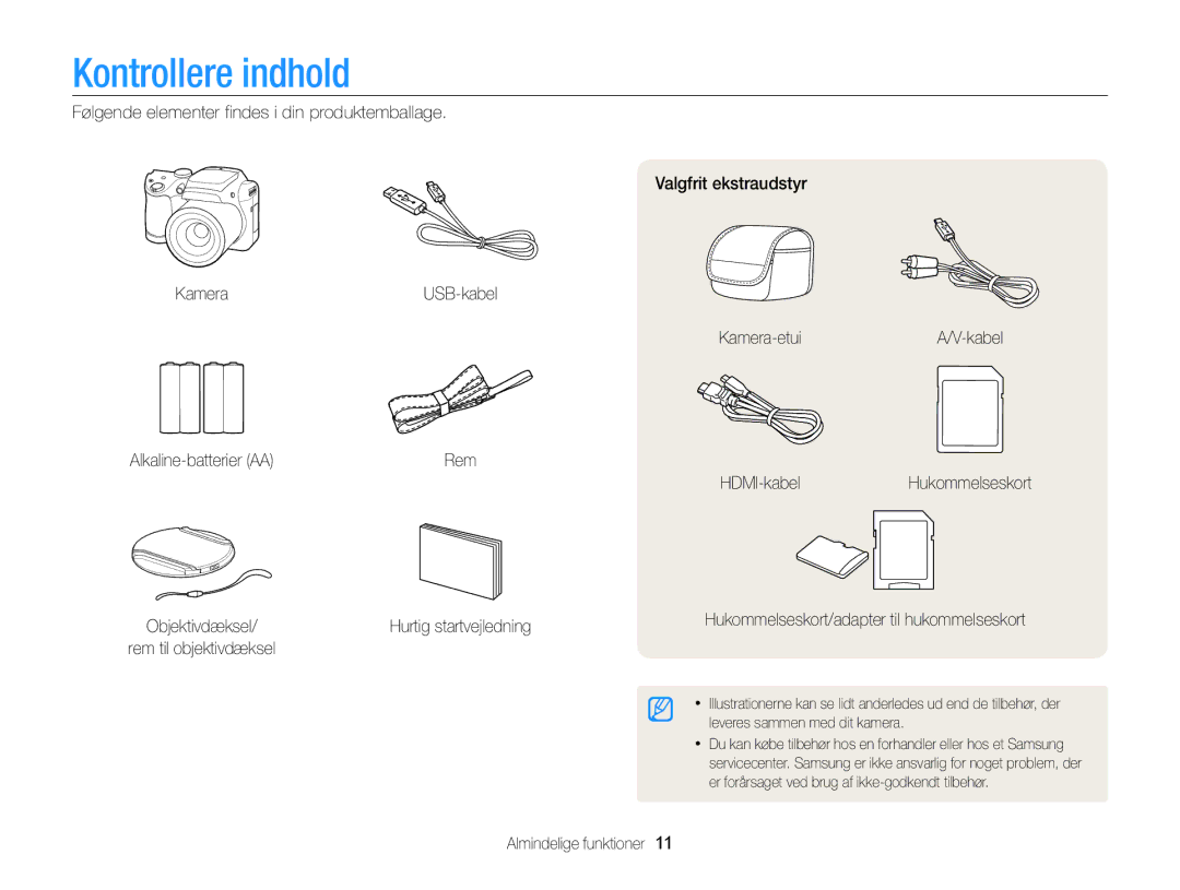 Samsung EC-WB100ZBABE2 manual Kontrollere indhold, Almindelige funktioner 