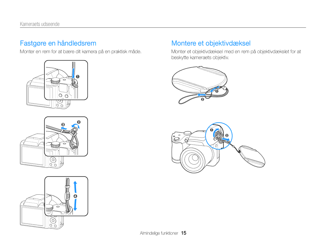 Samsung EC-WB100ZBABE2 manual Fastgøre en håndledsrem, Montere et objektivdæksel 