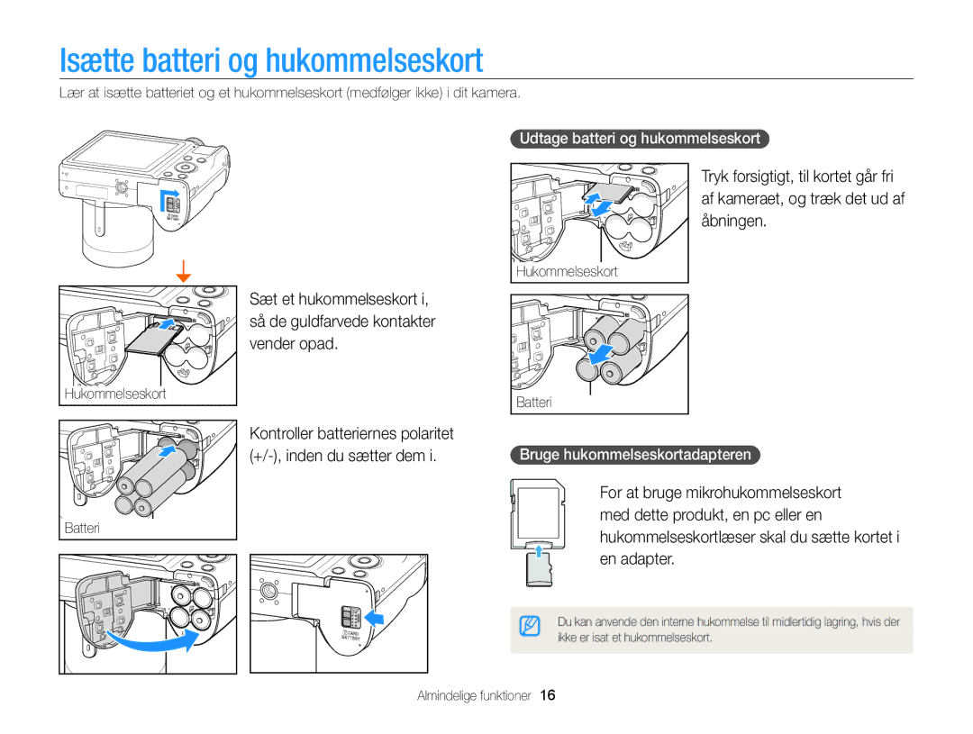 Samsung EC-WB100ZBABE2 manual Isætte batteri og hukommelseskort, Udtage batteri og hukommelseskort 