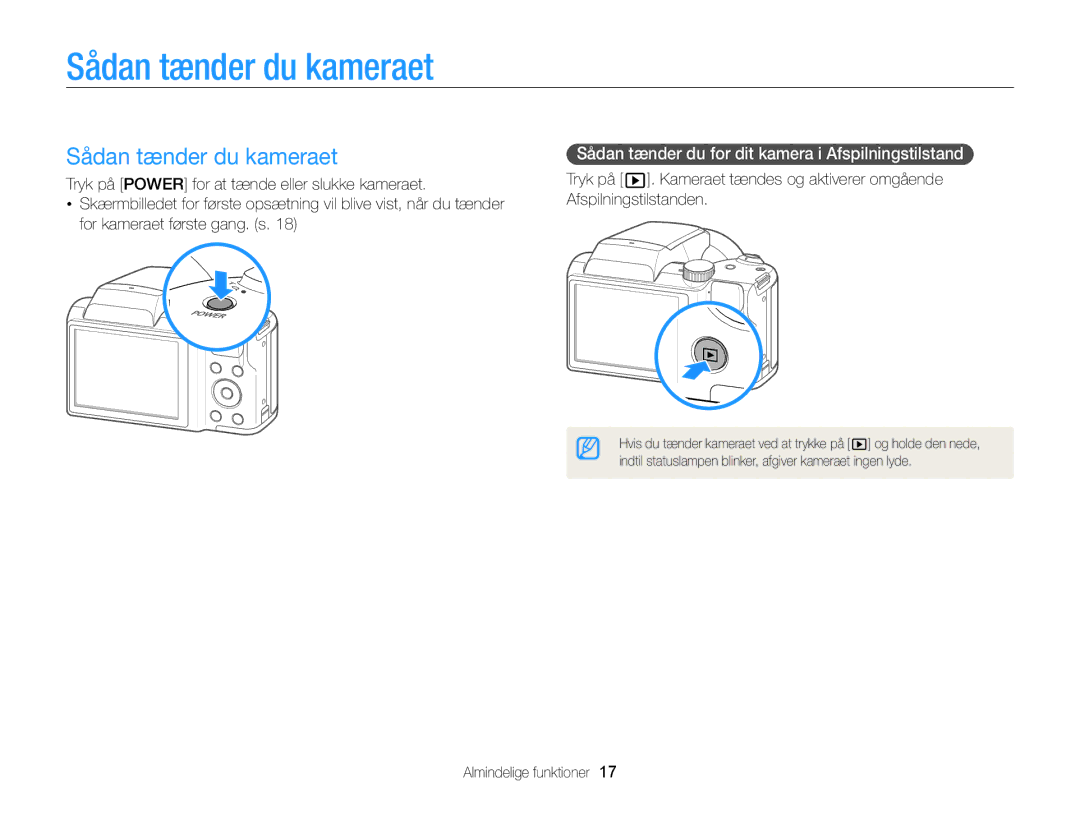 Samsung EC-WB100ZBABE2 manual Sådan tænder du kameraet, Sådan tænder du for dit kamera i Afspilningstilstand 