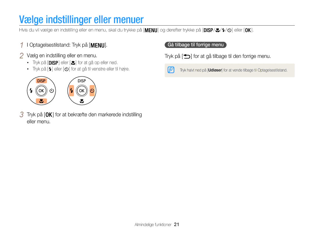 Samsung EC-WB100ZBABE2 manual Vælge indstillinger eller menuer, Tryk på for at gå tilbage til den forrige menu 