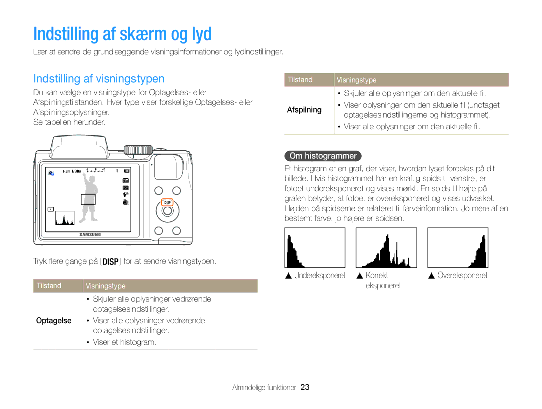 Samsung EC-WB100ZBABE2 manual Indstilling af skærm og lyd, Indstilling af visningstypen, Om histogrammer 