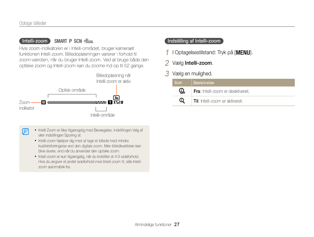 Samsung EC-WB100ZBABE2 manual Indstilling af Intelli-zoom 