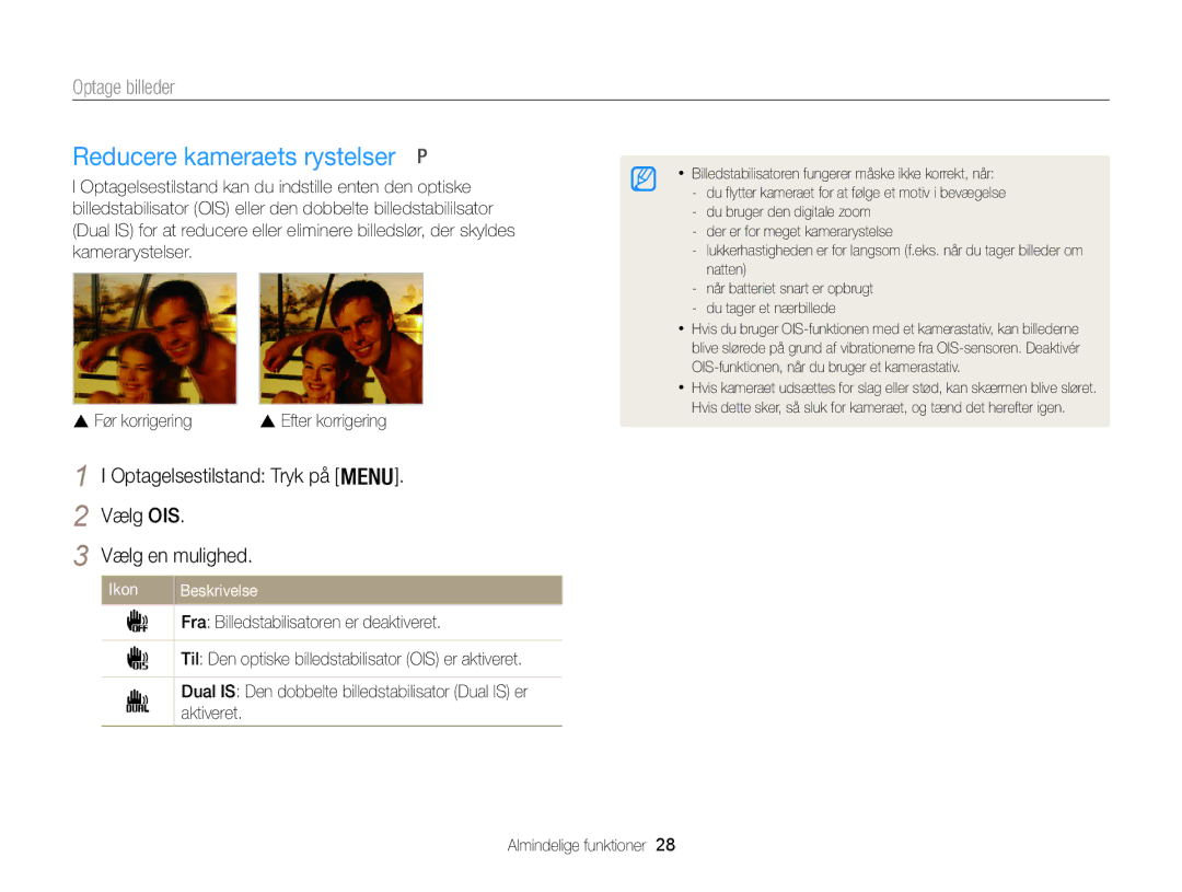 Samsung EC-WB100ZBABE2 manual Reducere kameraets rystelser, Optagelsestilstand Tryk på Vælg OIS Vælg en mulighed 