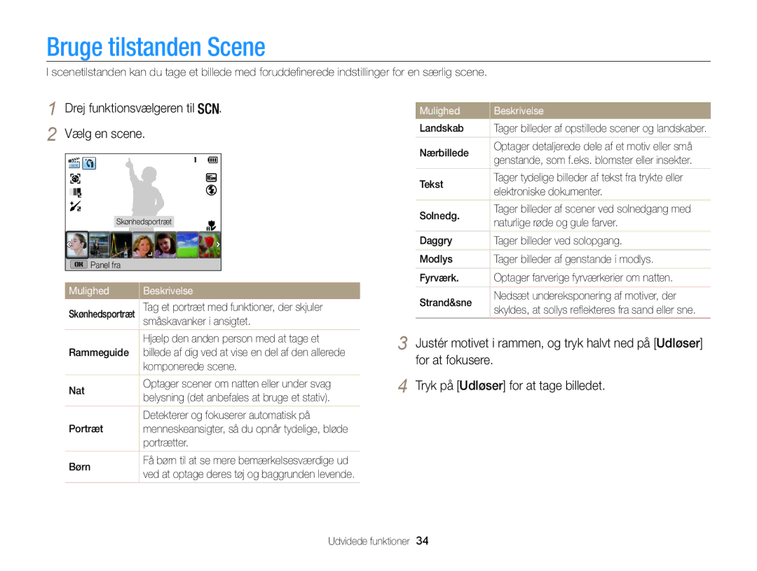 Samsung EC-WB100ZBABE2 manual Bruge tilstanden Scene, Drej funktionsvælgeren til Vælg en scene 