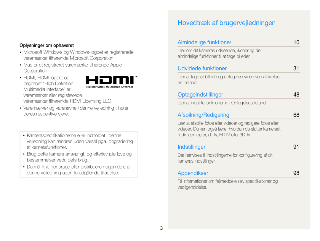 Samsung EC-WB100ZBABE2 manual Hovedtræk af brugervejledningen 