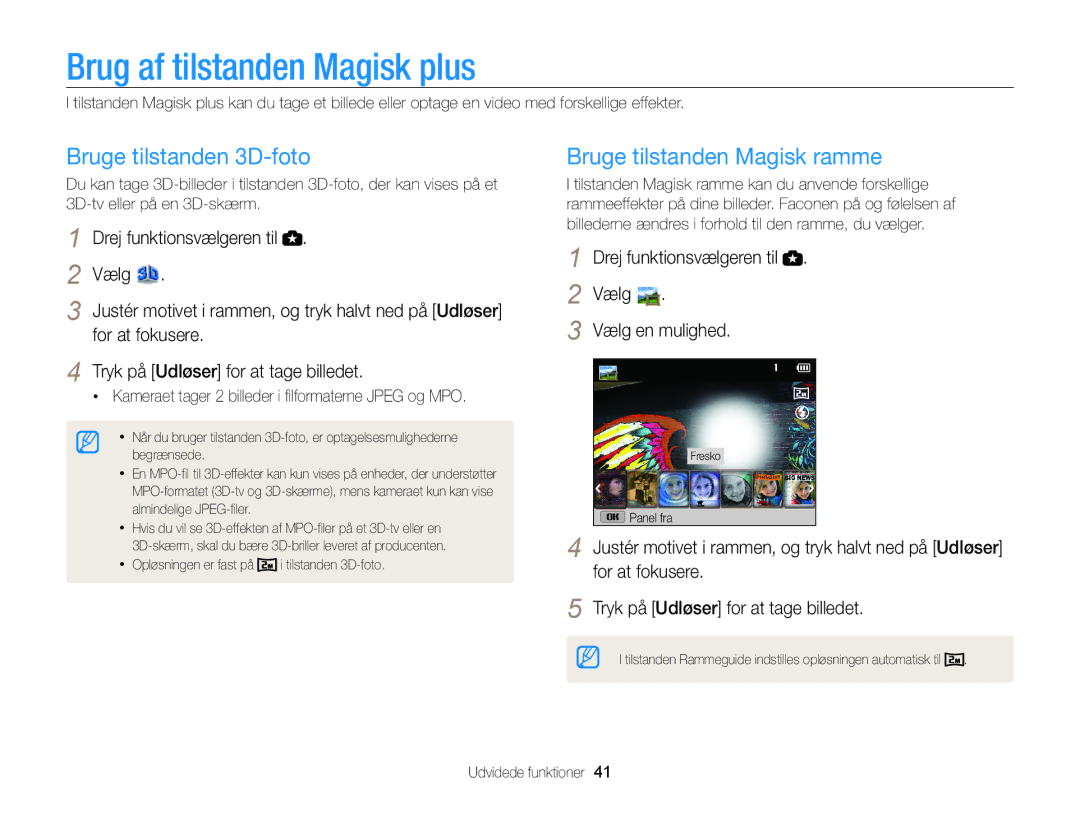 Samsung EC-WB100ZBABE2 manual Brug af tilstanden Magisk plus, Bruge tilstanden 3D-foto, Bruge tilstanden Magisk ramme, Vælg 