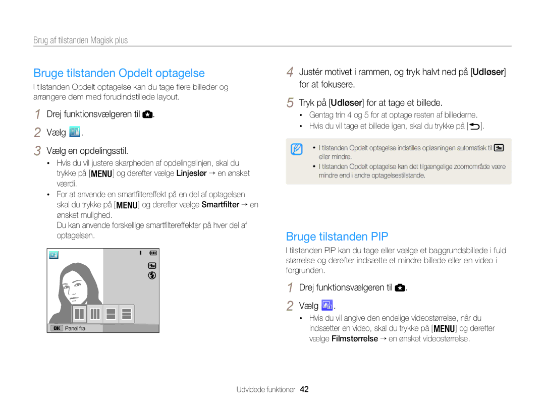 Samsung EC-WB100ZBABE2 manual Bruge tilstanden Opdelt optagelse, Bruge tilstanden PIP, Brug af tilstanden Magisk plus 