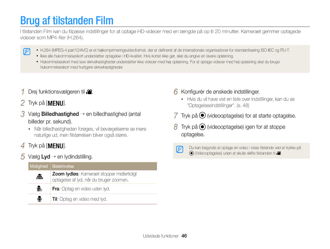 Samsung EC-WB100ZBABE2 manual Brug af tilstanden Film, Vælg Billedhastighed → en billedhastighed antal Tryk på 