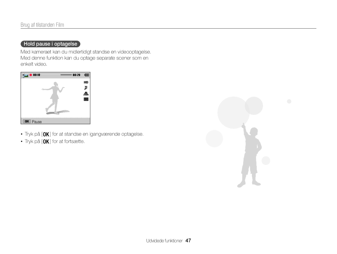 Samsung EC-WB100ZBABE2 manual Brug af tilstanden Film, Hold pause i optagelse 