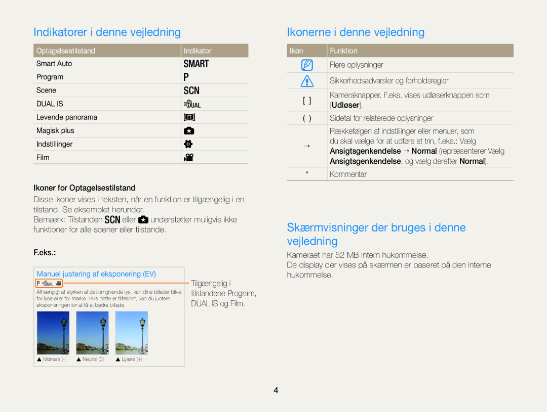 Samsung EC-WB100ZBABE2 manual Indikatorer i denne vejledning, Ikonerne i denne vejledning, Optagelsestilstand Indikator 