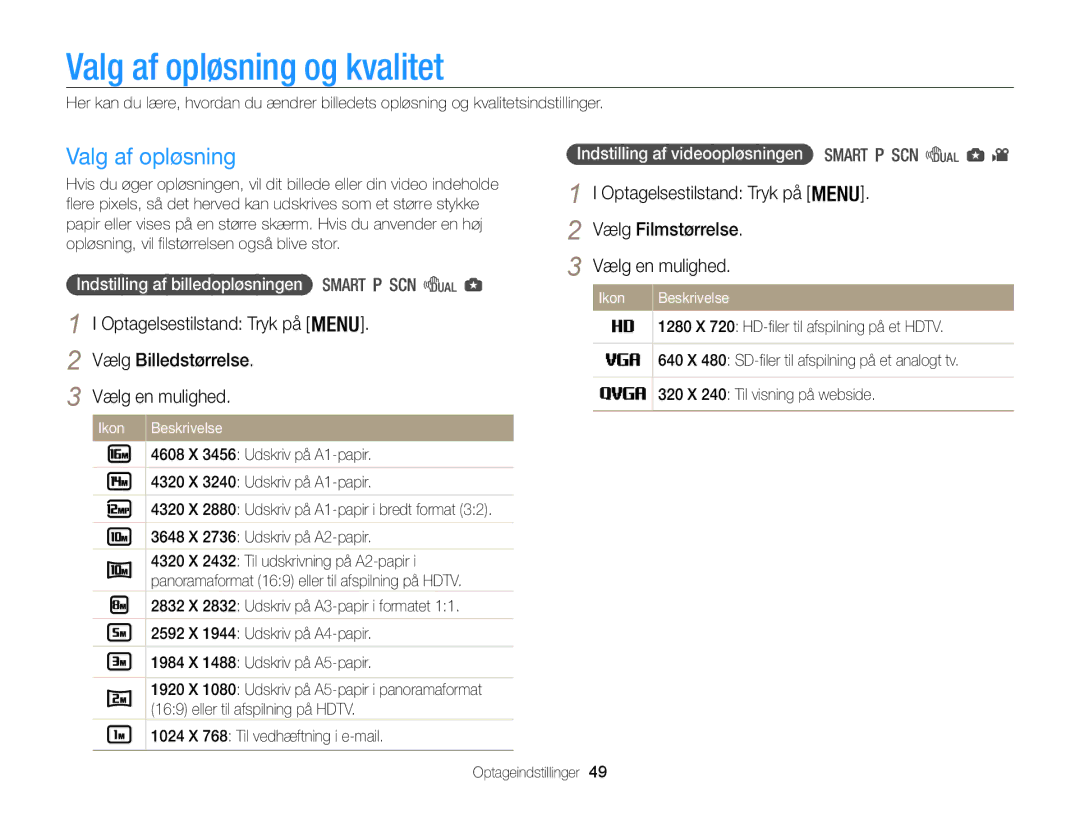 Samsung EC-WB100ZBABE2 manual Valg af opløsning og kvalitet, Indstilling af billedopløsningen, Ikon 