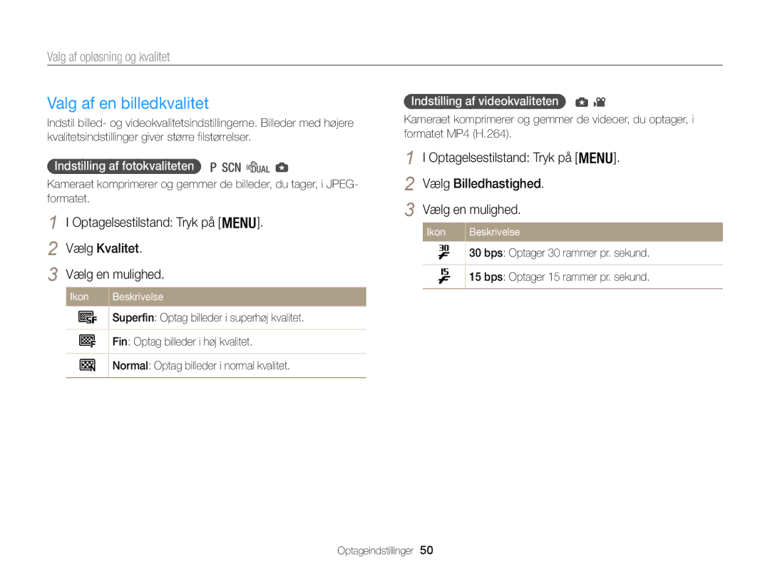 Samsung EC-WB100ZBABE2 manual Valg af en billedkvalitet, Valg af opløsning og kvalitet, Indstilling af videokvaliteten 