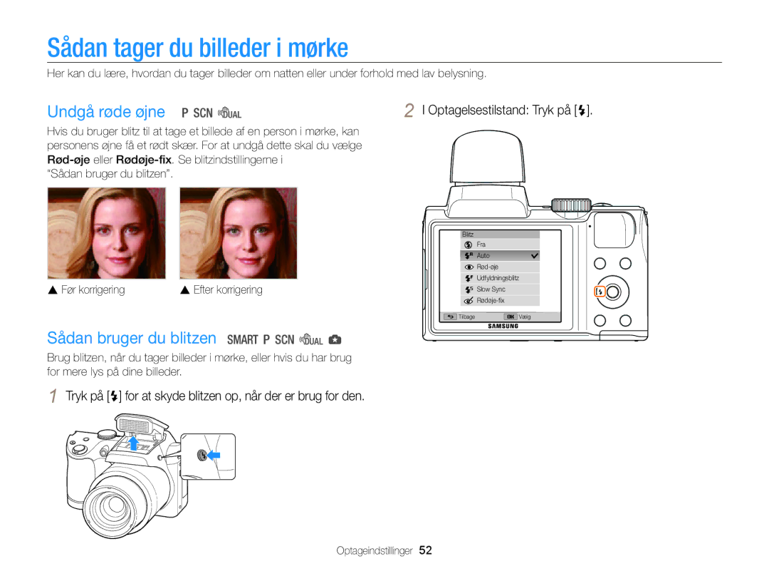 Samsung EC-WB100ZBABE2 manual Sådan tager du billeder i mørke, Undgå røde øjne, Sådan bruger du blitzen 