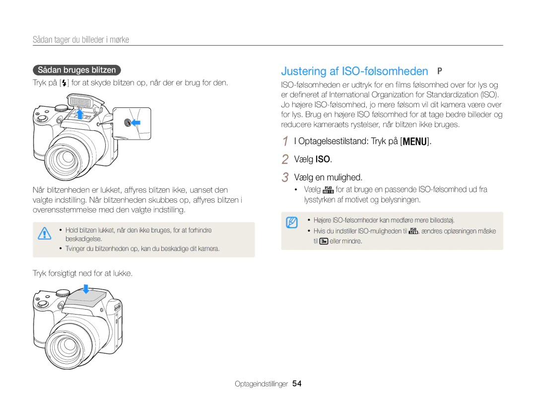 Samsung EC-WB100ZBABE2 manual Justering af ISO-følsomheden, Optagelsestilstand Tryk på Vælg ISO Vælg en mulighed 