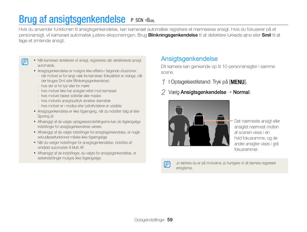 Samsung EC-WB100ZBABE2 manual Brug af ansigtsgenkendelse, Vælg Ansigtsgenkendelse → Normal 