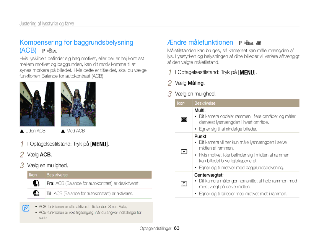 Samsung EC-WB100ZBABE2 Kompensering for baggrundsbelysning ACB, Ændre målefunktionen, Justering af lysstyrke og farve 