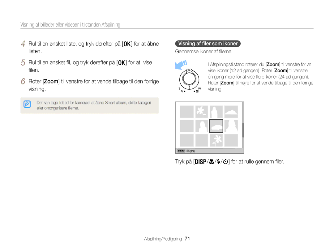 Samsung EC-WB100ZBABE2 Tryk på / / / for at rulle gennem filer, Visning af filer som ikoner, Gennemse ikoner af filerne 