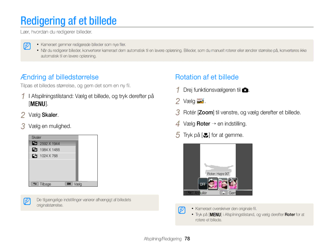 Samsung EC-WB100ZBABE2 manual Redigering af et billede, Ændring af billedstørrelse, Rotation af et billede 