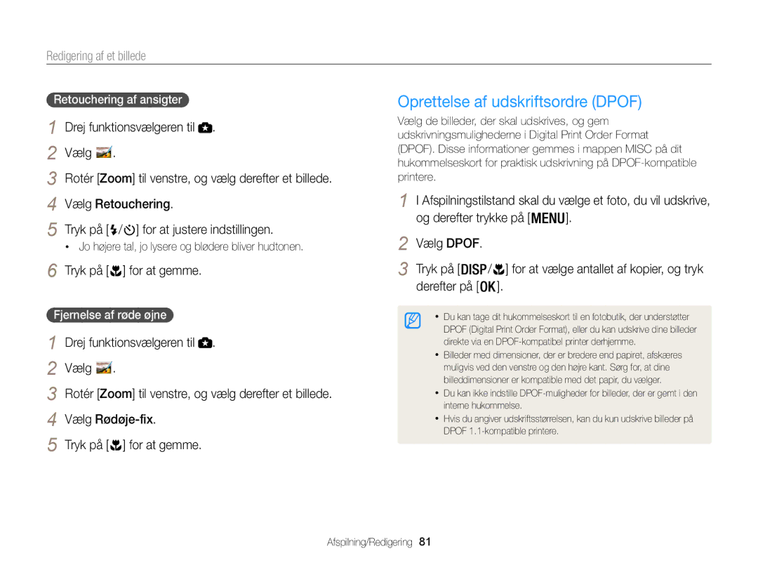 Samsung EC-WB100ZBABE2 Oprettelse af udskriftsordre Dpof, Vælg Rødøje-fix, Og derefter trykke på, Retouchering af ansigter 