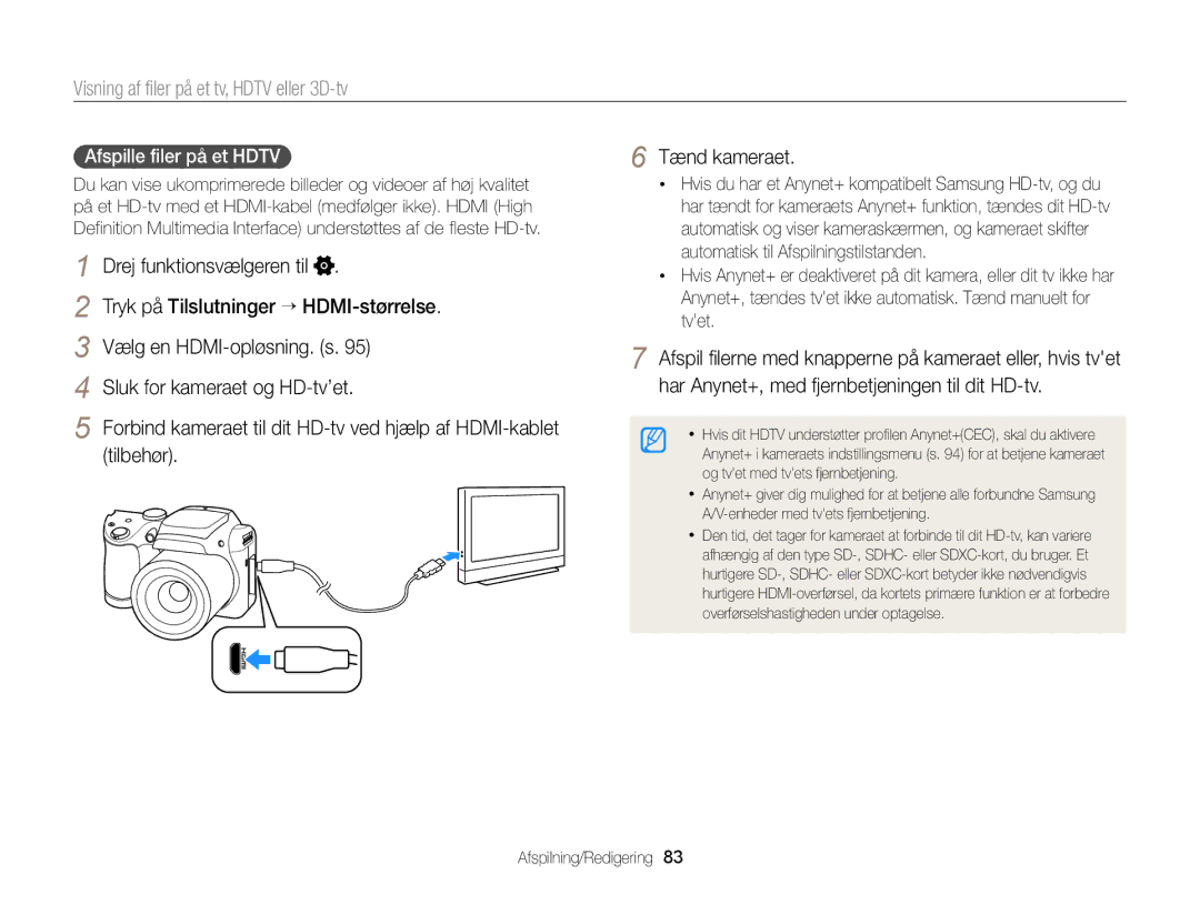 Samsung EC-WB100ZBABE2 manual Visning af filer på et tv, Hdtv eller 3D-tv, Tryk på Tilslutninger → HDMI-størrelse, Tilbehør 