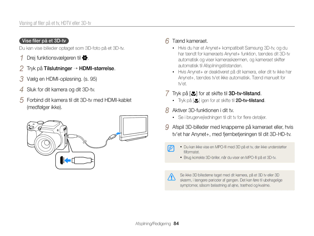 Samsung EC-WB100ZBABE2 manual Sluk for dit kamera og dit 3D-tv, Medfølger ikke, Tryk på for at skifte til 3D-tv-tilstand 