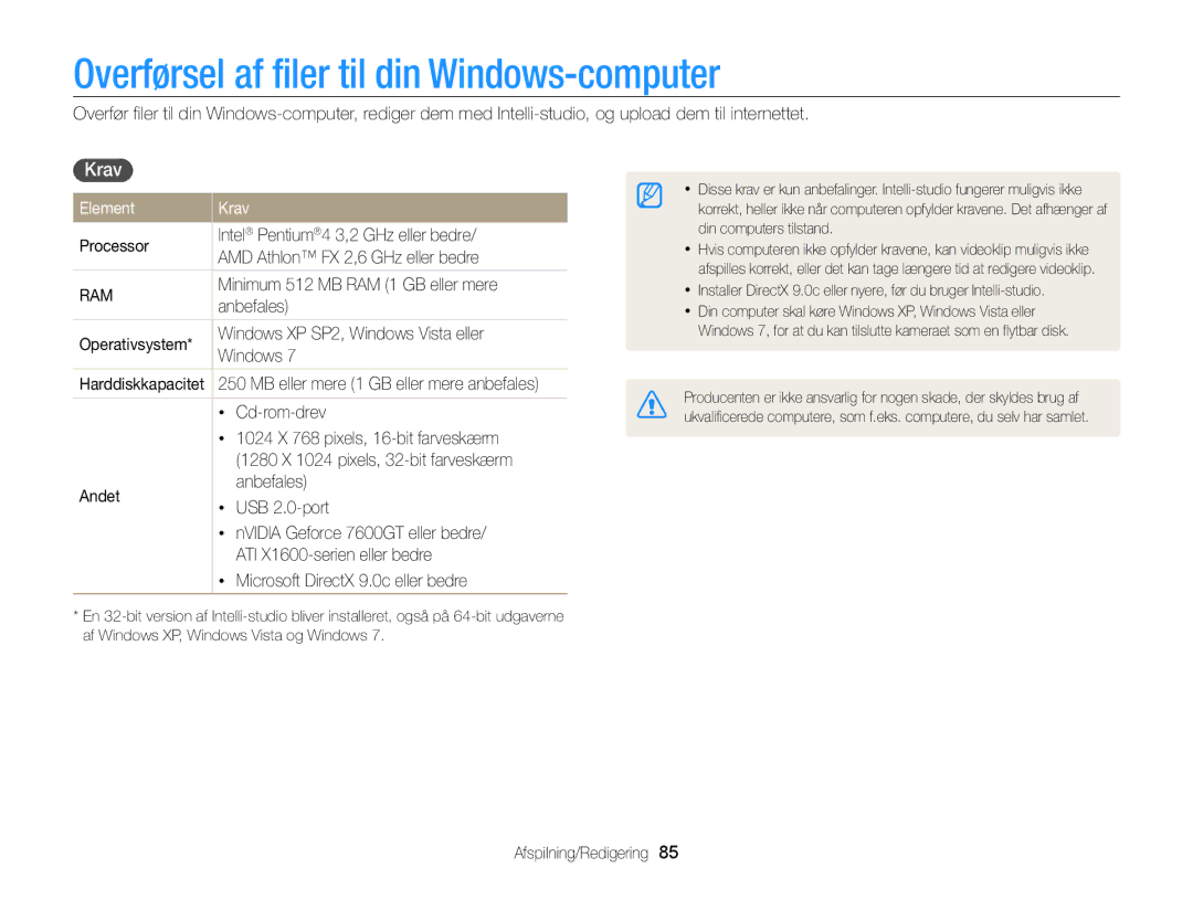 Samsung EC-WB100ZBABE2 manual Overførsel af filer til din Windows-computer, Element Krav 