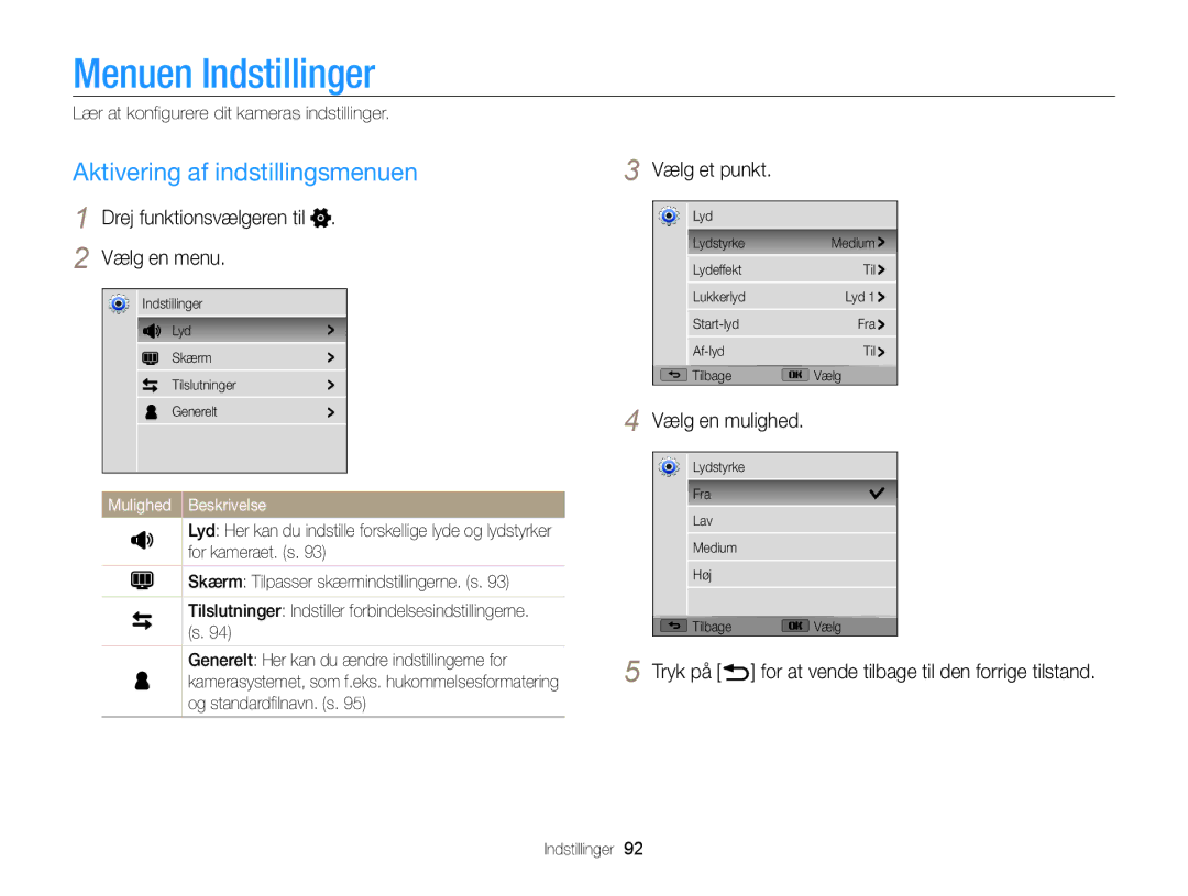 Samsung EC-WB100ZBABE2 Menuen Indstillinger, Aktivering af indstillingsmenuen, Drej funktionsvælgeren til Vælg en menu 