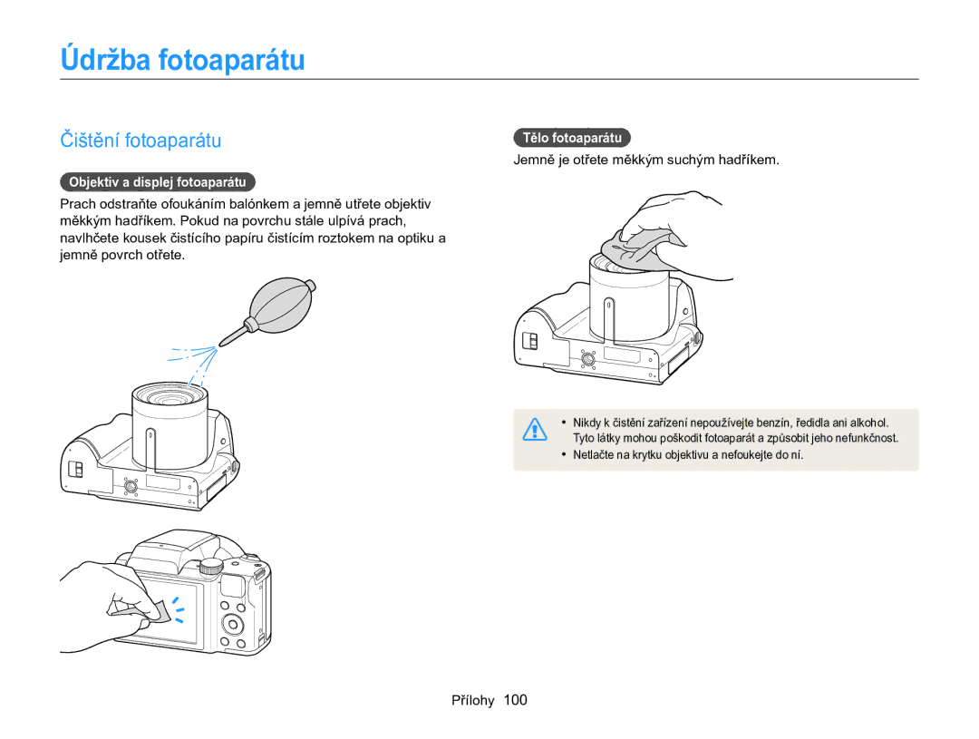 Samsung EC-WB100ZBARE3 manual Údržba fotoaparátu, Čištění fotoaparátu, Objektiv a displej fotoaparátu, Tělo fotoaparátu 