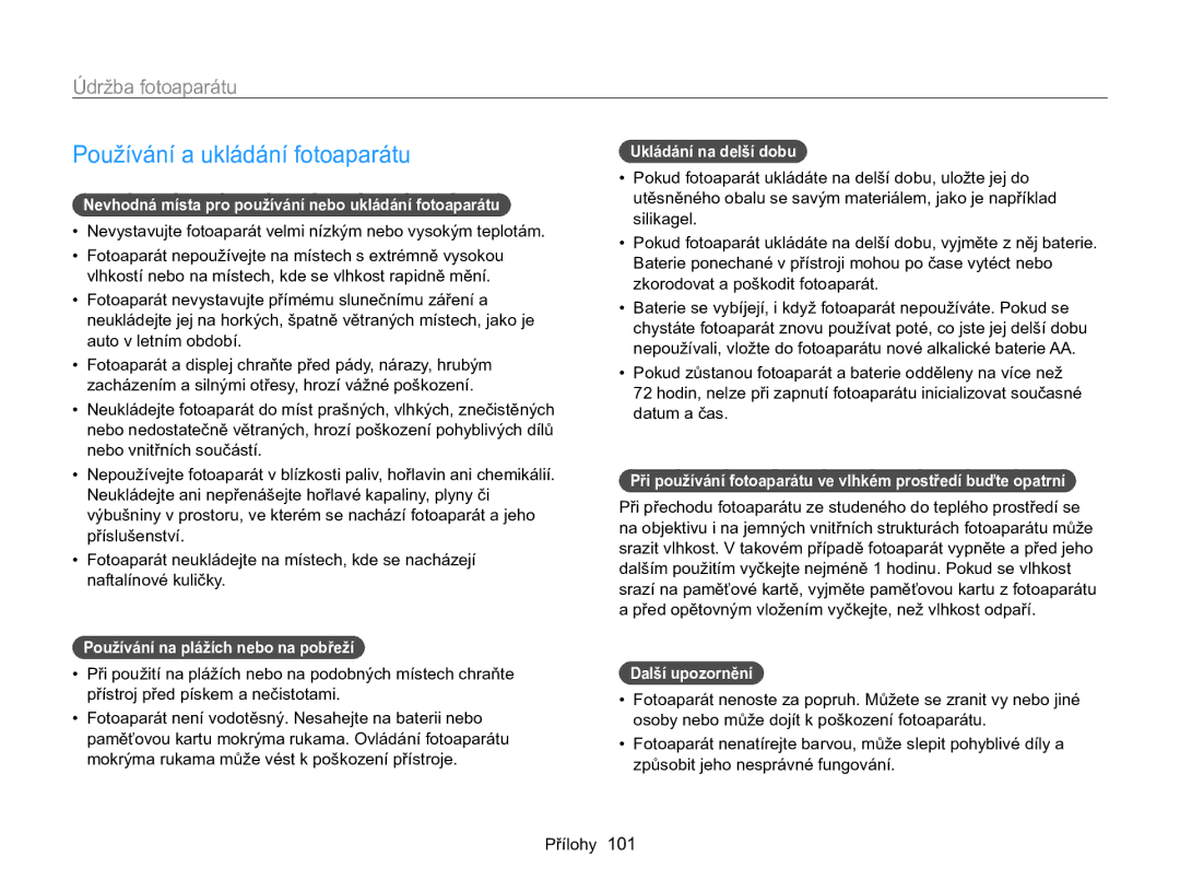 Samsung EC-WB100ZBABE3, EC-WB100ZBARE3 manual Používání a ukládání fotoaparátu, Údržba fotoaparátu 