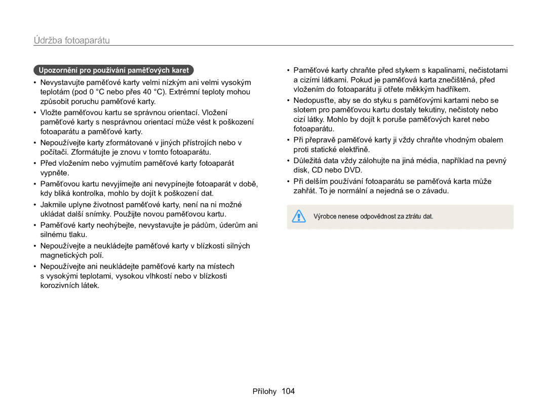 Samsung EC-WB100ZBARE3, EC-WB100ZBABE3 manual Upozornění pro používání paměťových karet 