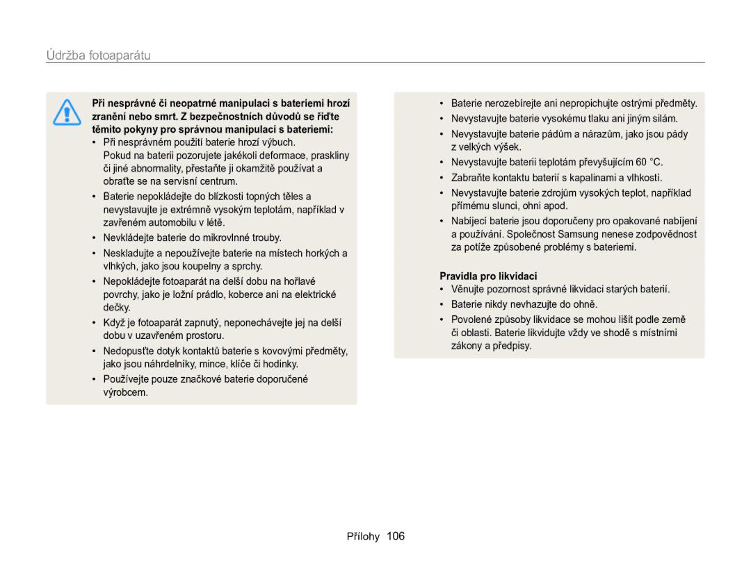 Samsung EC-WB100ZBARE3, EC-WB100ZBABE3 manual Při nesprávném použití baterie hrozí výbuch, Pravidla pro likvidaci 
