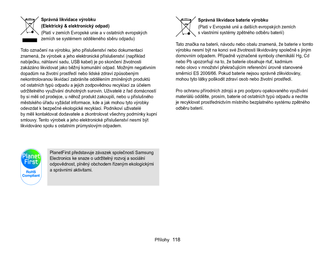 Samsung EC-WB100ZBARE3 manual Správná likvidace baterie výrobku, Správná likvidace výrobku Elektrický & elektronický odpad 