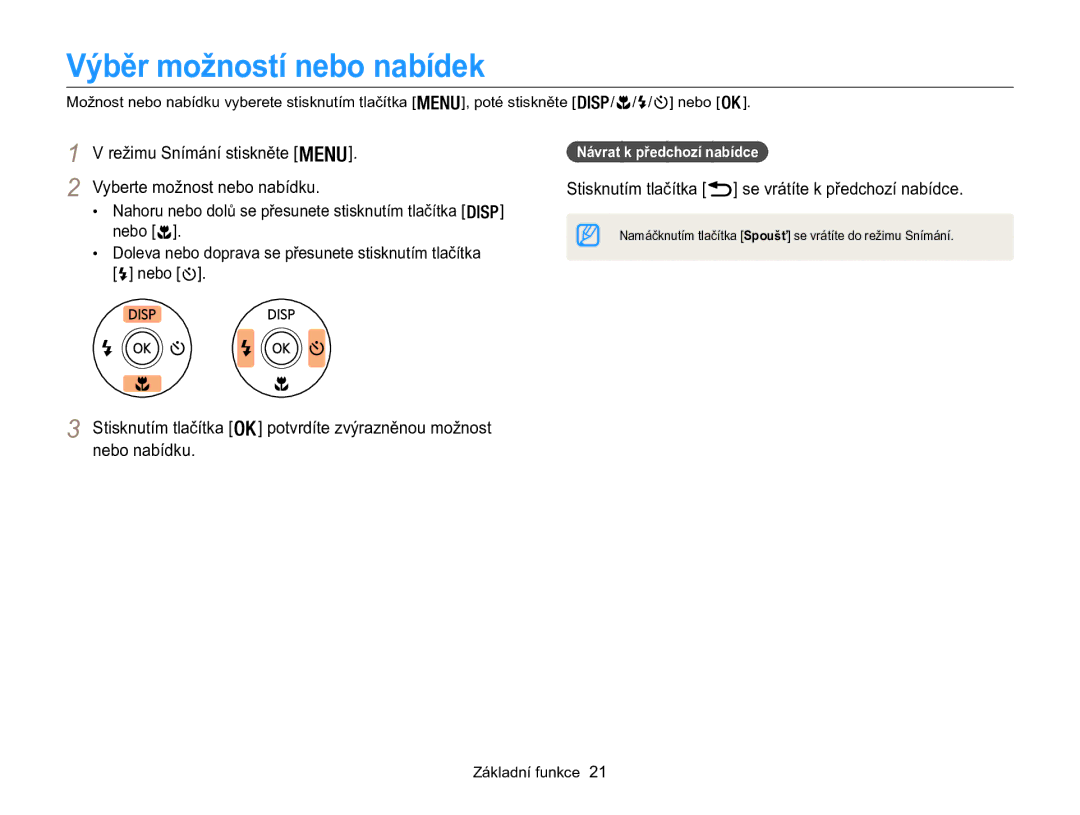 Samsung EC-WB100ZBABE3, EC-WB100ZBARE3 manual Výběr možností nebo nabídek, Režimu Snímání stiskněte, Stisknutím tlačítka 