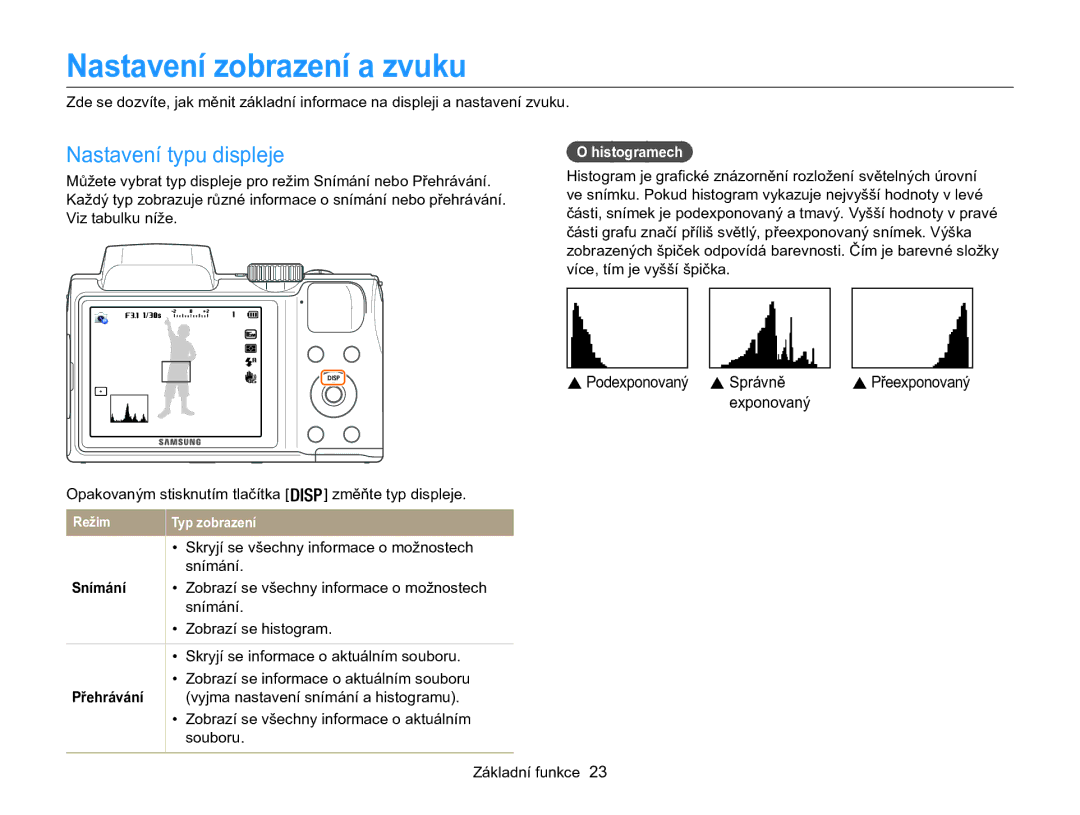 Samsung EC-WB100ZBABE3, EC-WB100ZBARE3 manual Nastavení zobrazení a zvuku, Nastavení typu displeje, Histogramech, Snímání 