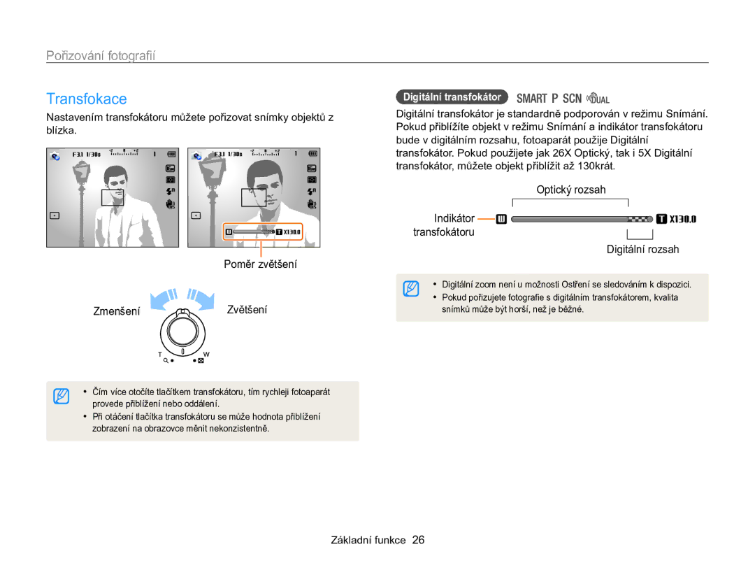 Samsung EC-WB100ZBARE3, EC-WB100ZBABE3 manual Transfokace, Pořizování fotografií, Zmenšení Zvětšení, Digitální transfokátor 