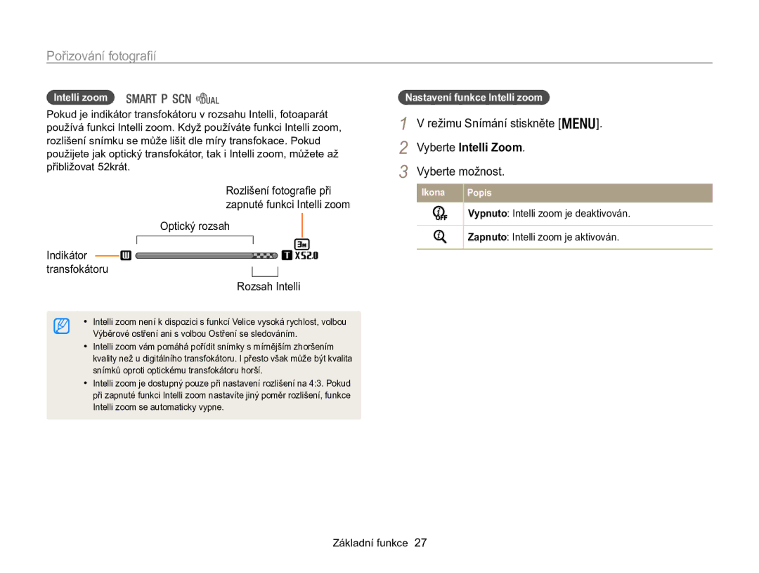 Samsung EC-WB100ZBABE3, EC-WB100ZBARE3 manual Vyberte Intelli Zoom, Optický rozsah Indikátor transfokátoru Rozsah Intelli 
