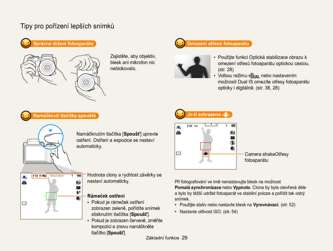 Samsung EC-WB100ZBABE3, EC-WB100ZBARE3 Správné držení fotoaparátu, Omezení otřesů fotoaparátu, Namáčknutí tlačítka spouště 