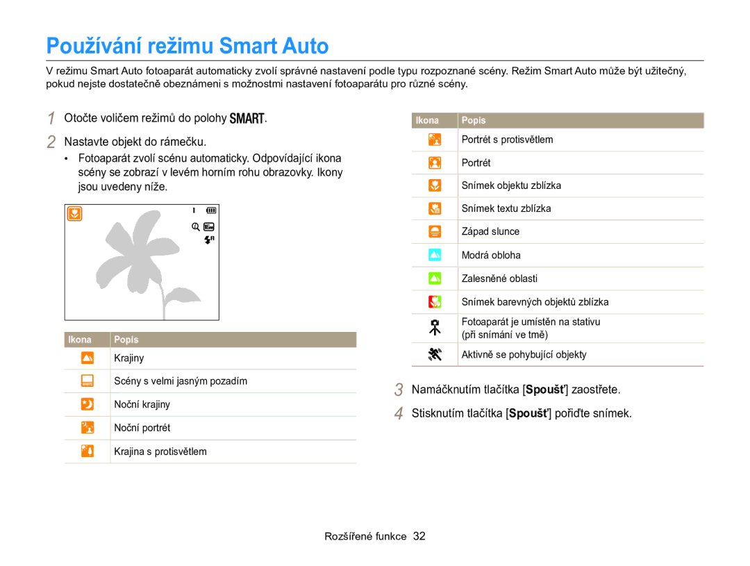 Samsung EC-WB100ZBARE3, EC-WB100ZBABE3 manual Používání režimu Smart Auto, Nastavte objekt do rámečku 