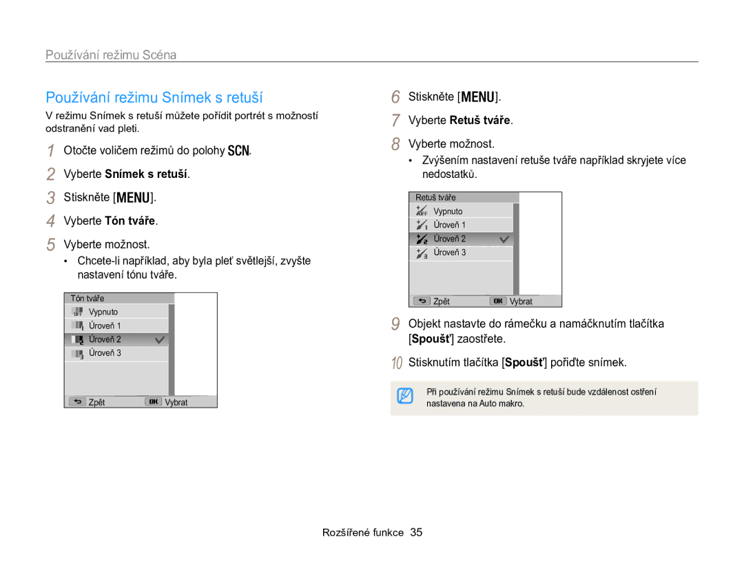 Samsung EC-WB100ZBABE3, EC-WB100ZBARE3 manual Používání režimu Snímek s retuší, Používání režimu Scéna, Vyberte Retuš tváře 